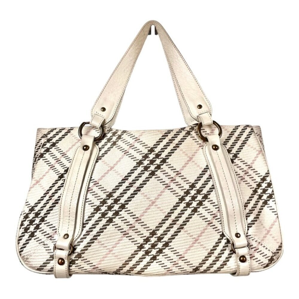 Burberry Blue Label Cream Cotton and Leather Plaid Satchel Shoulder Bag - Picture 2 of 15